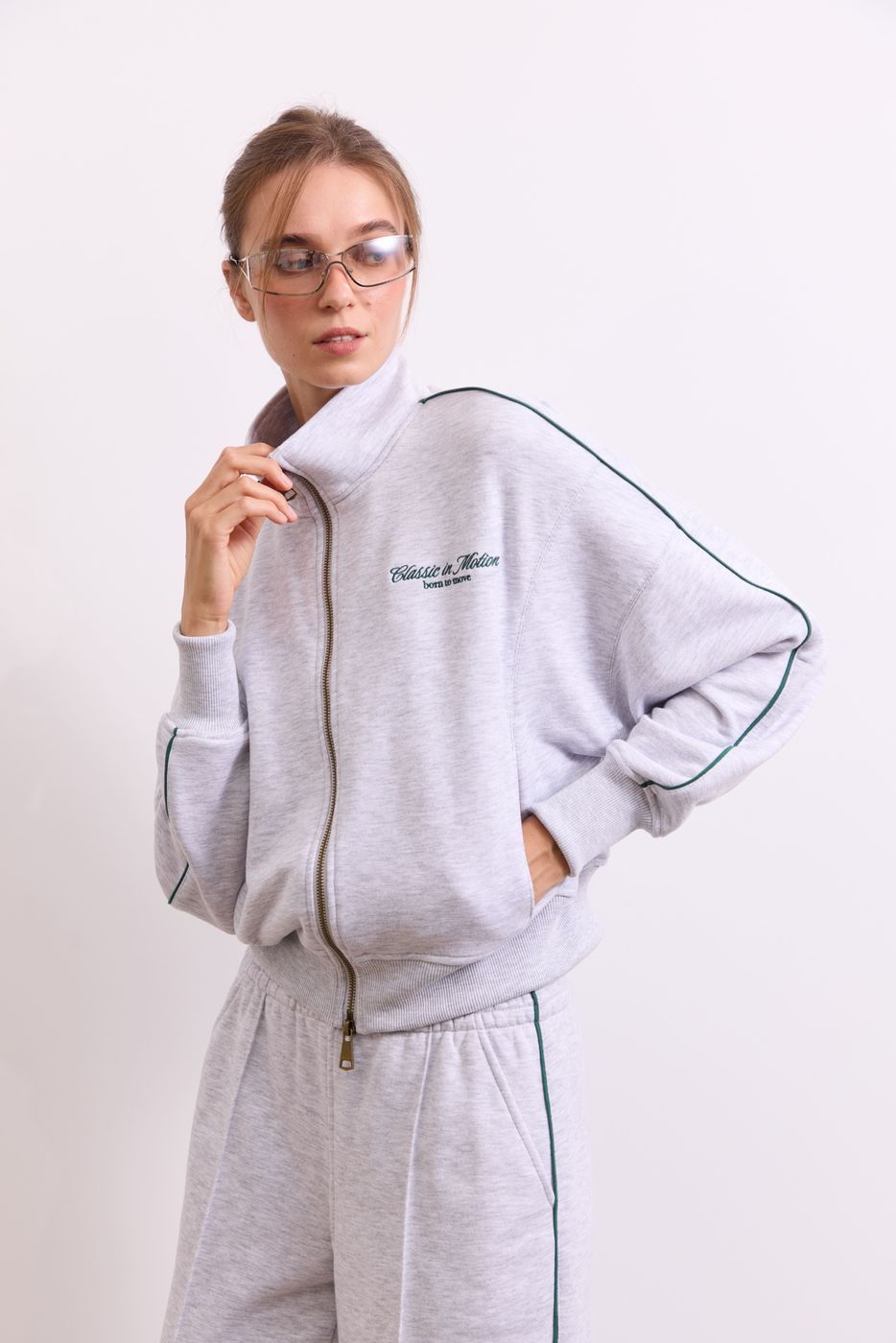 Світшот Classic in Motion Full Zip, Сірий меланж/Зелений кант 01409 фото