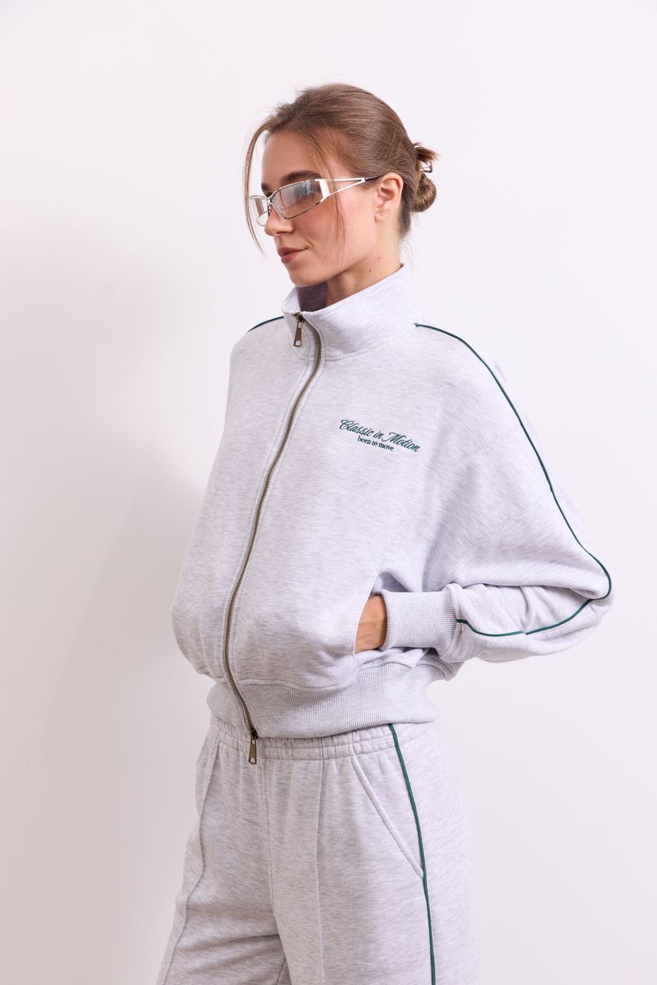 Світшот Classic in Motion Full Zip, Сірий меланж/Зелений кант 01409 фото