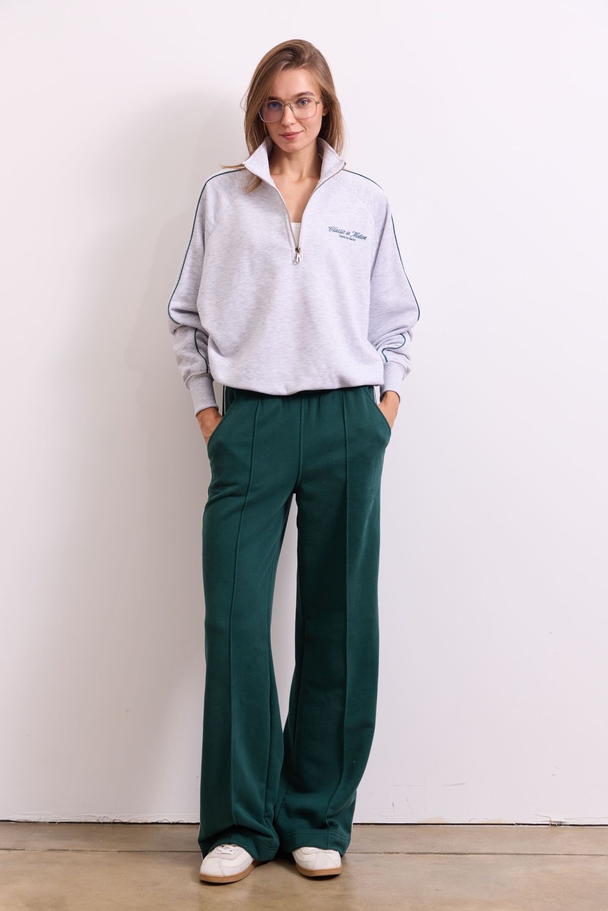 Світшот Classic in Motion Half Zip, Сірий меланж/Зелений кант 01414 фото