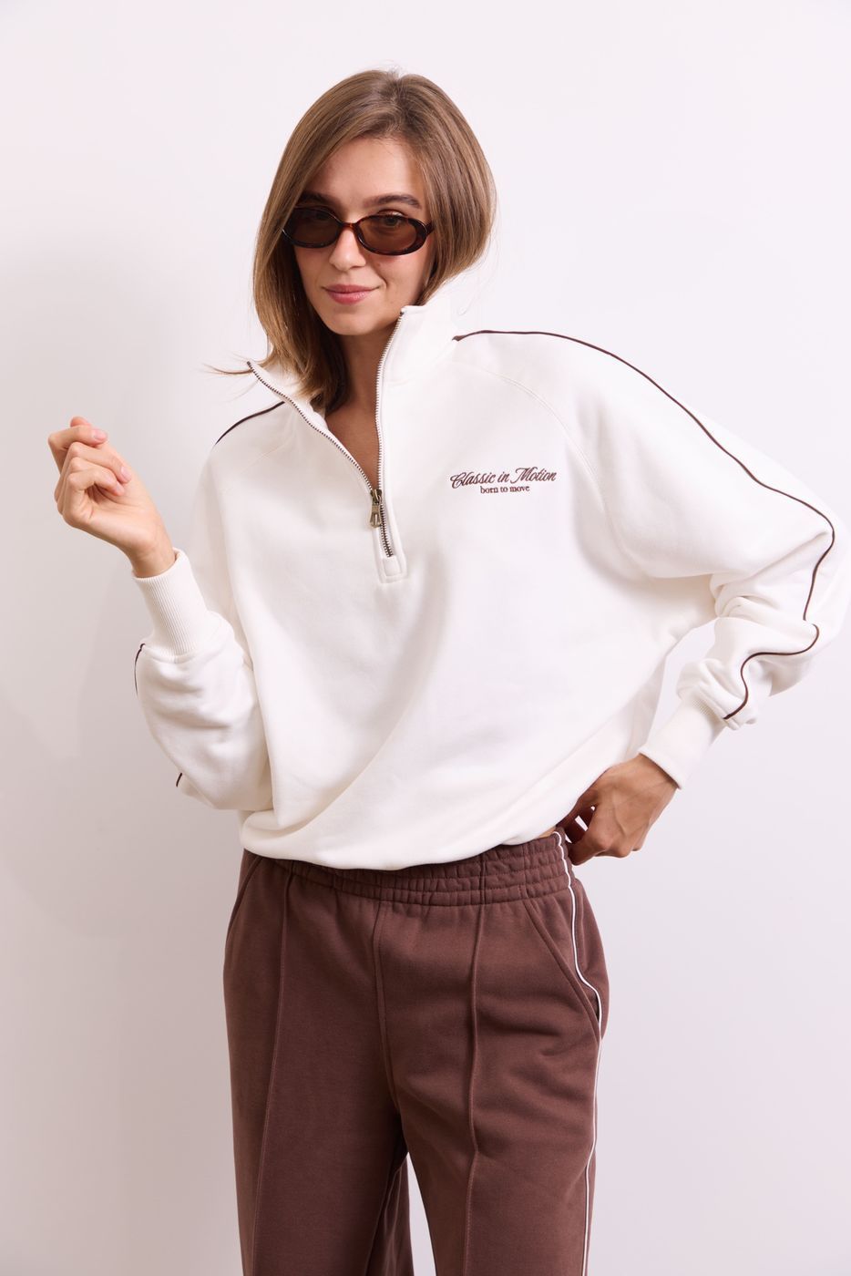 Світшот Classic in Motion Half Zip, Молочний/Коричневий кант