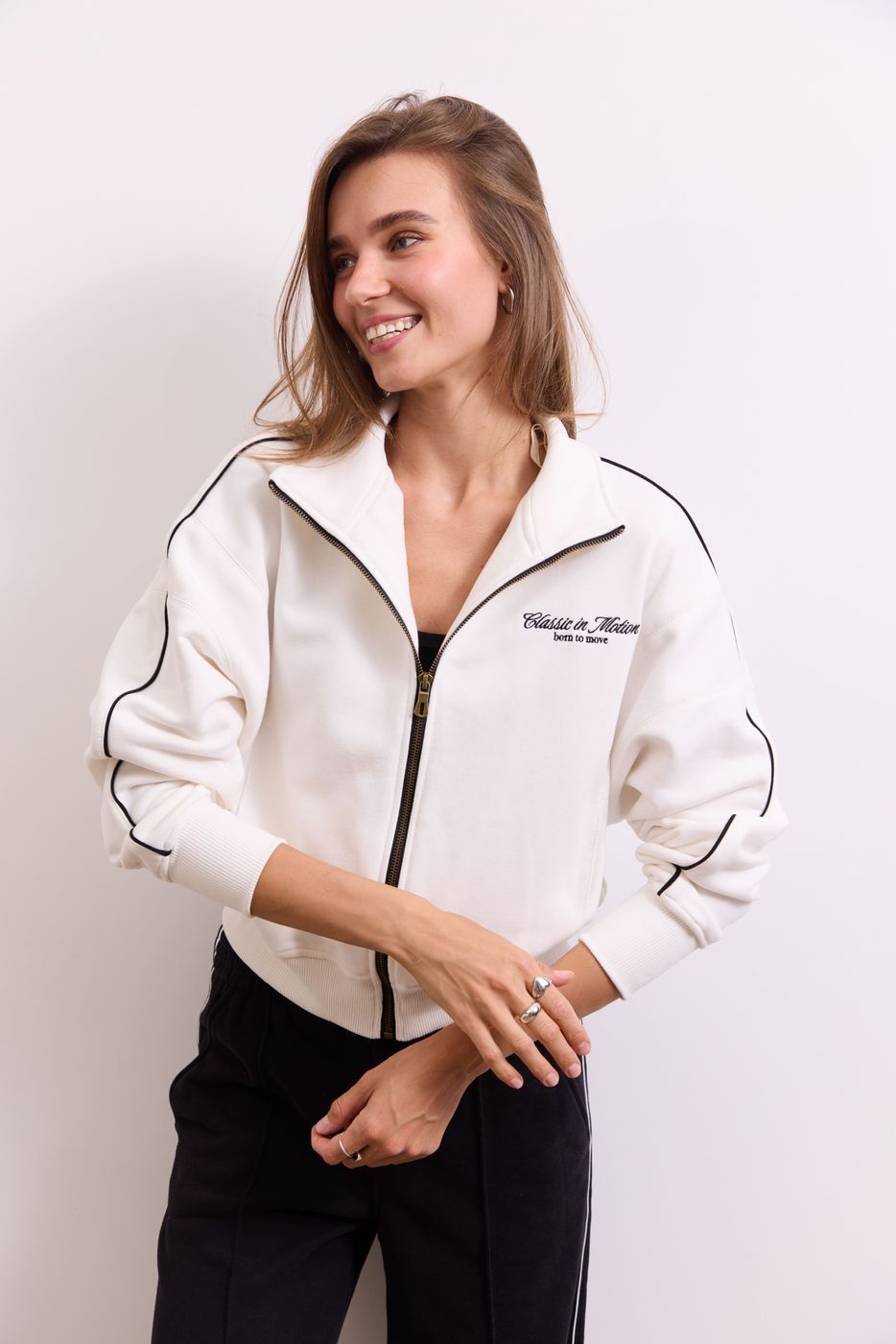 Світшот Classic in Motion Full Zip, Молочний/Чорний кант